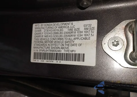 2022 Honda Odyssey Ex-L z USA, uszkodzony, nr VIN 5FNRL6H78NB062483